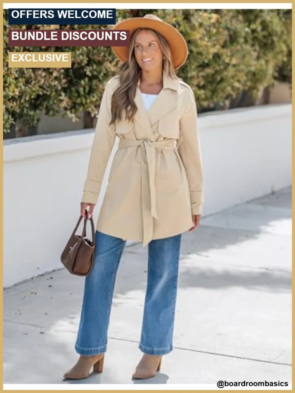 Women's Double Breasted Trench Coat with Belt Long Sleeve Business Casual Fall